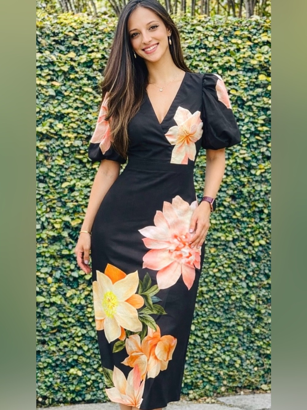 NWT Anthropologie BHLDN V Neck Puff Sleeve Floral Midi Dress with Sublte Stretch - Picture 13 of 13